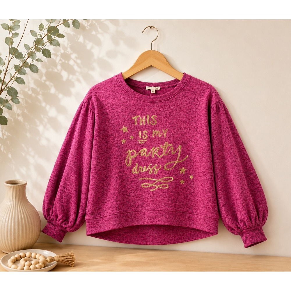 Joyfolie Girls Party Dress Graphic Top Size 8 Pink Balloon Sleeve Gold Glitter